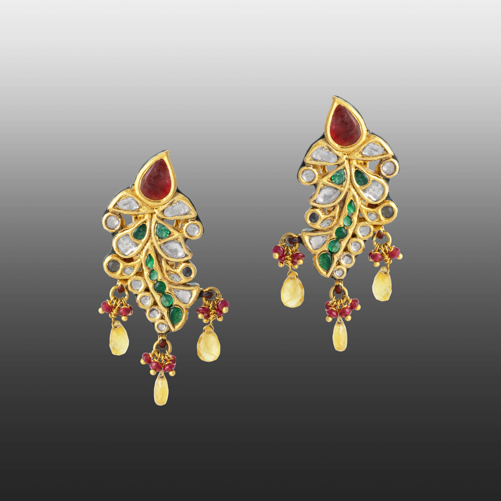Leaf Polki Earrings with Green Talafs, Rubies & Sapphire Drops